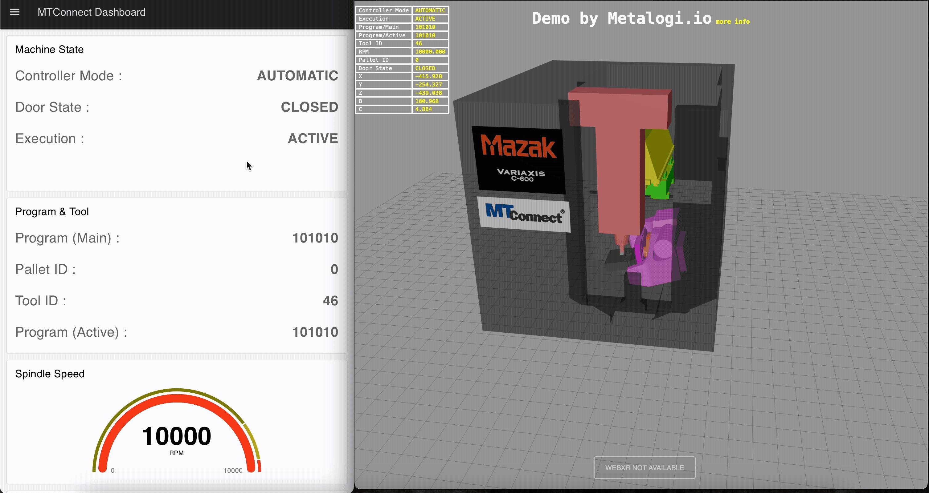 MTConnect FlowFuse Dashboard at left and MTConnect demo public agent digital twin at right